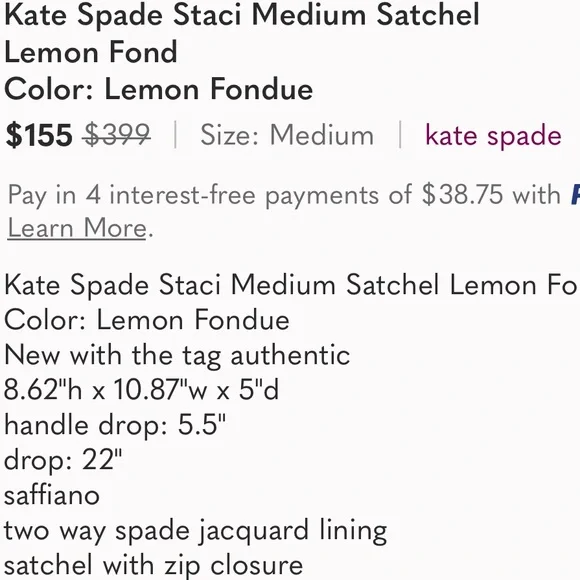 ♥️♣️ KATE SPADE ♠️♥️ STACI MEDIUM SATCHEL LEMON FOND🍋 - Picture 12 of 12